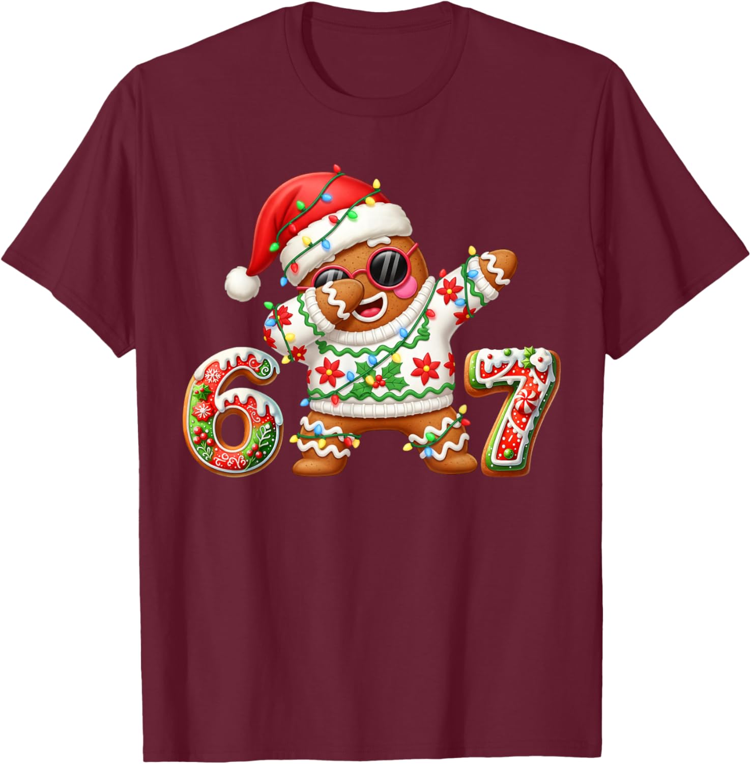 Funny Gingerbread Six Seven 67 Ice Cream Drip Christmas Boys T-Shirt - T-Shirt | Maroon