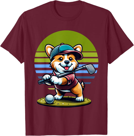 Standing Corgi Swinging Golf Club. Funny Corgi And Golf T-Shirt - T-Shirt | Maroon