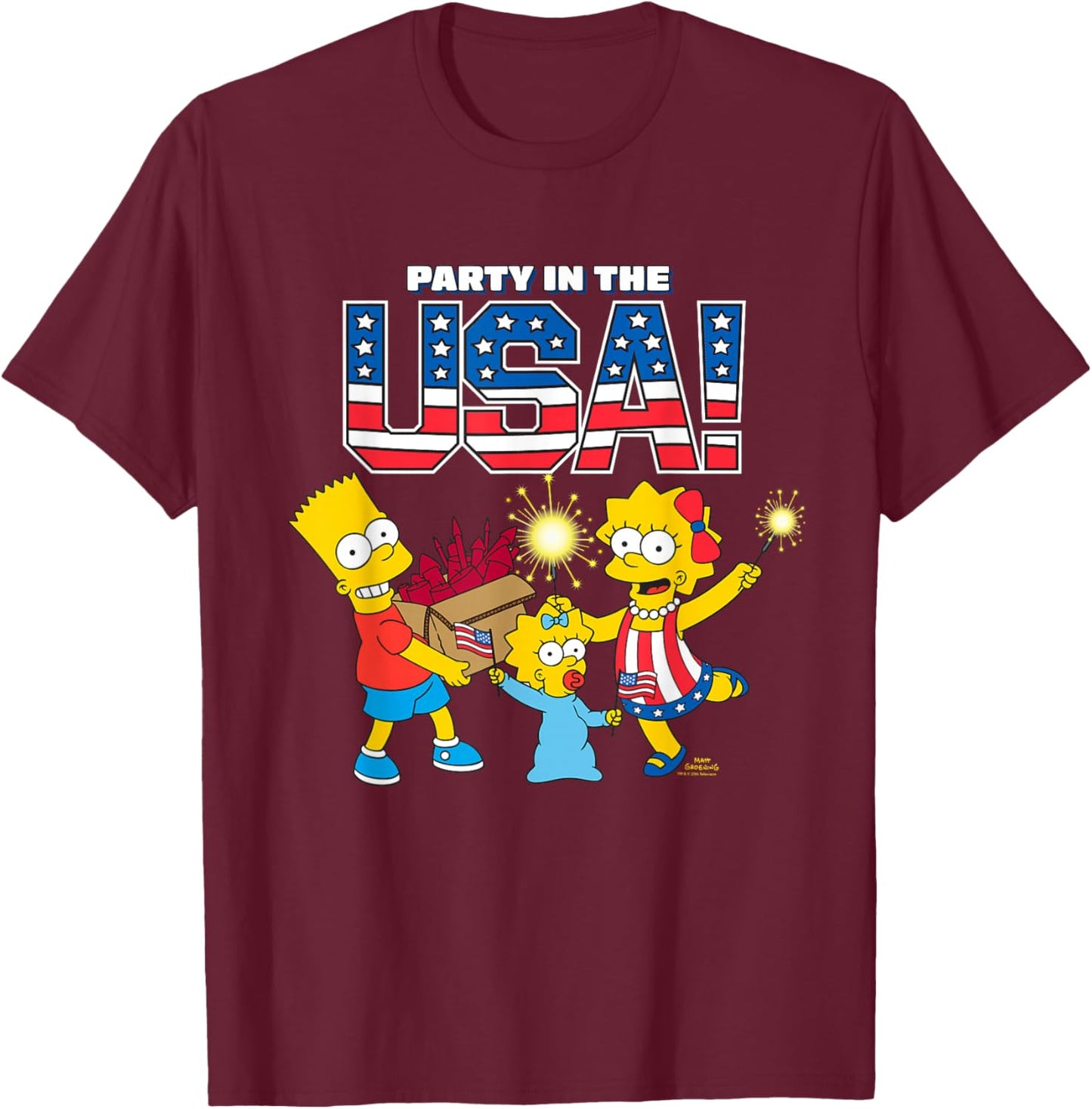 The Simpsons Party in the USA 4th of July America Fireworks T-Shirt - T-Shirt | Maroon