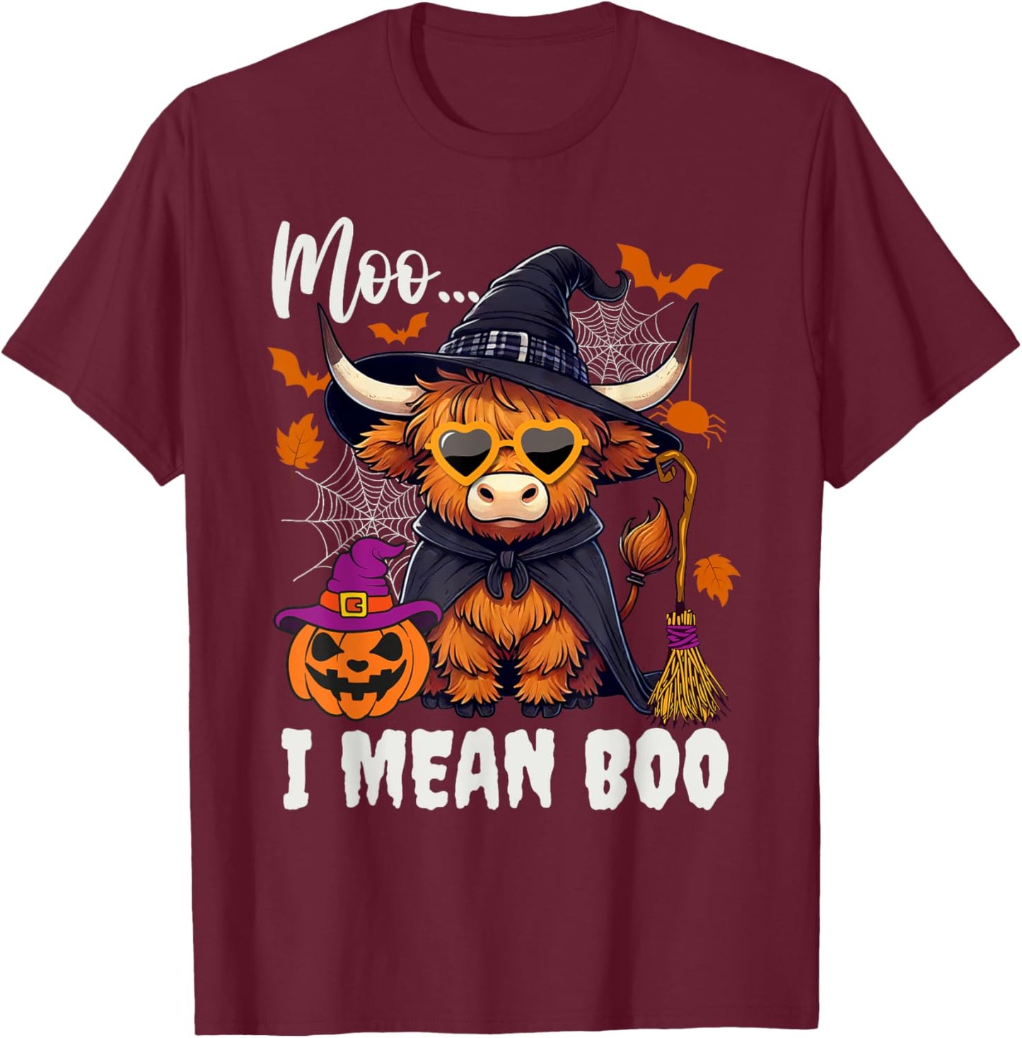 Moo I Mean Boo Witch Highland Cow Halloween Costume T-Shirt - T-Shirt | Maroon