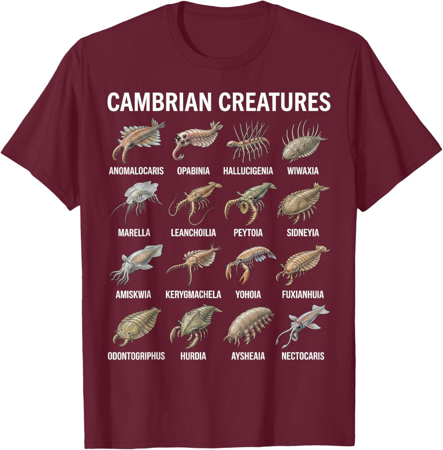 Cambrian Creatures Chart Prehistoric Life Paleontology T-Shirt - T-Shirt | Maroon
