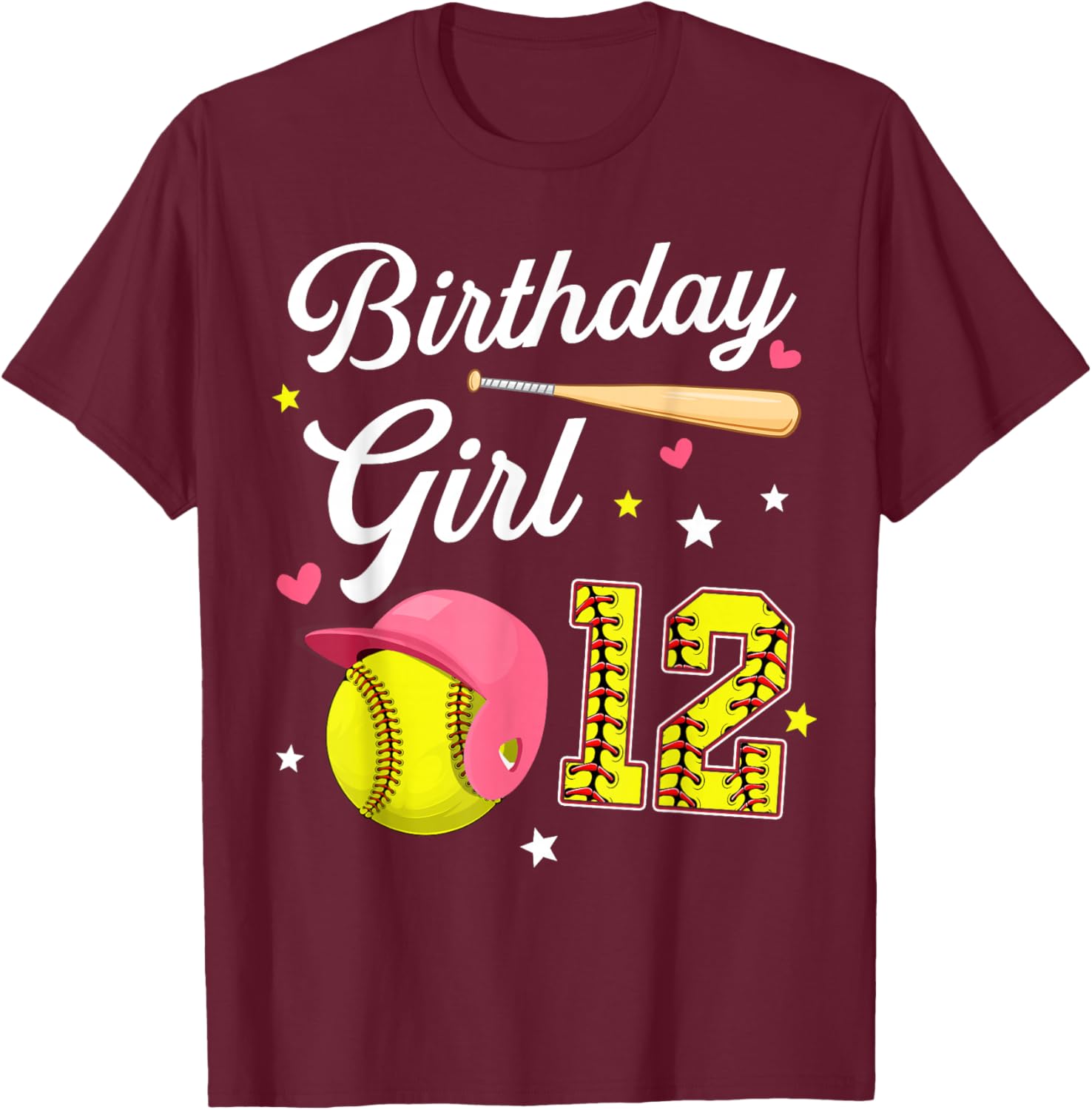 12th Birthday Girl Softball Twelfth Bday 12 Twelve Year Old T-Shirt - T-Shirt | Maroon