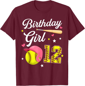 12th Birthday Girl Softball Twelfth Bday 12 Twelve Year Old T-Shirt - T-Shirt | Maroon