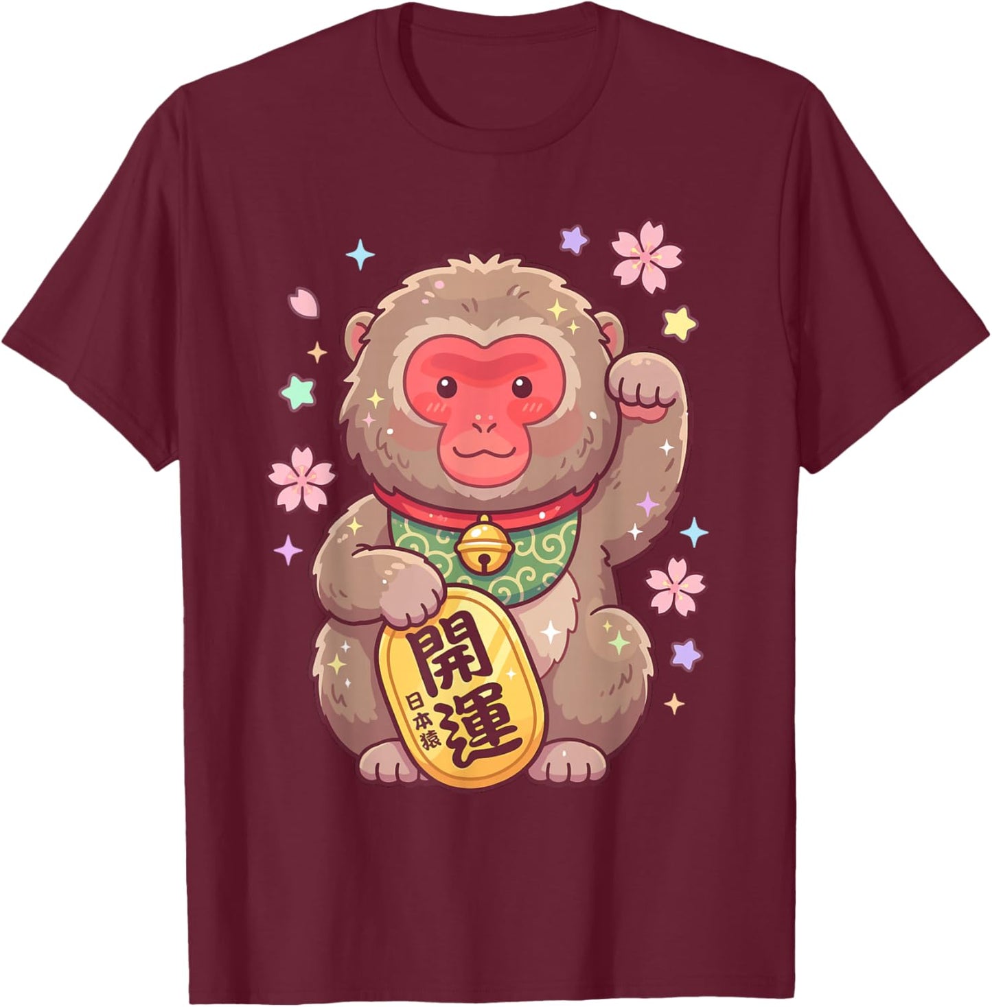 Kawaii Snow Monkey Japanese Macaque Maneki Neko Fortune T-Shirt - T-Shirt | Maroon