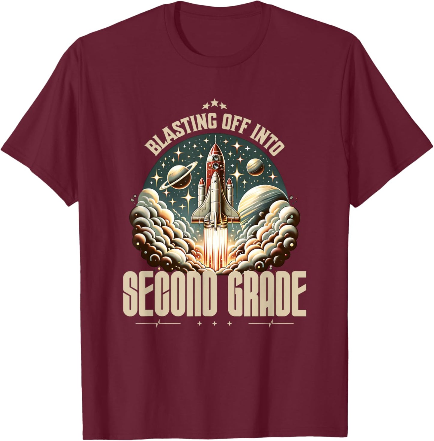 Blasting Off Into Second Grade Space Ship Back To School T-Shirt - T-Shirt | Maroon