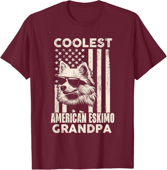 Coolest American Eskimo Grandpa Vintage American Flag Funny T-Shirt - T-Shirt | Maroon