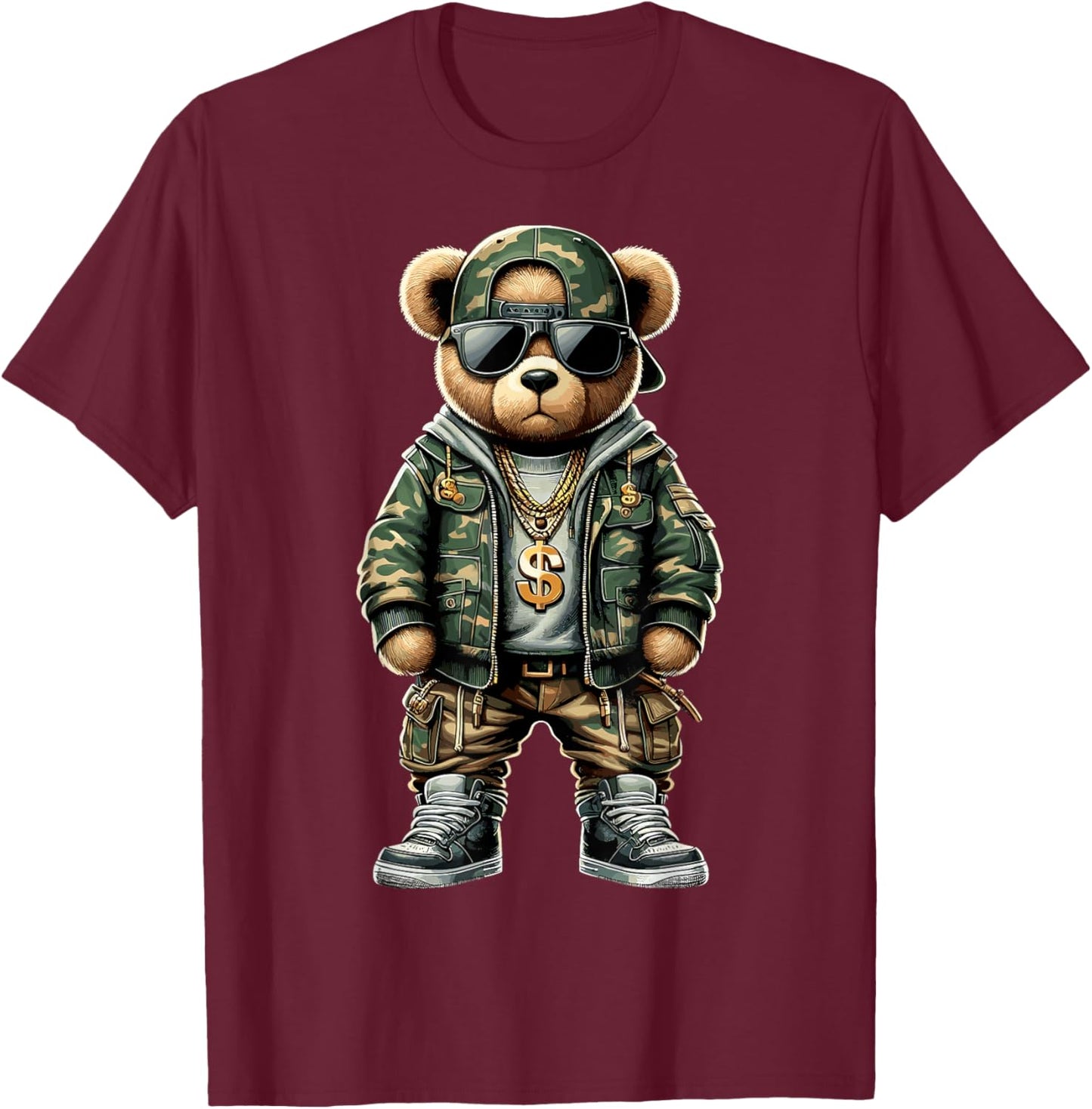 Hip Hop Teddy Bear Camouflage T-Shirt - T-Shirt | Maroon