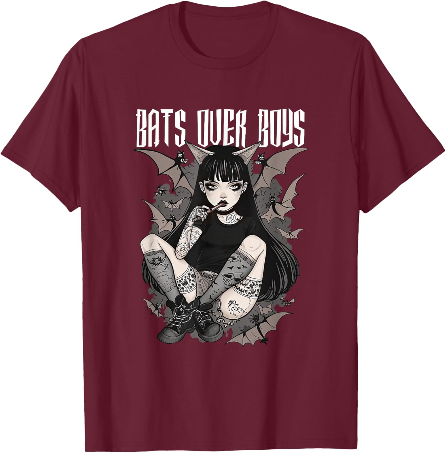 Bats Over Boys Quote Dark Aesthetic Spooky Gothic Anime Girl T-Shirt - T-Shirt | Maroon