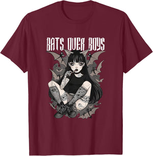 Bats Over Boys Quote Dark Aesthetic Spooky Gothic Anime Girl T-Shirt - T-Shirt | Maroon