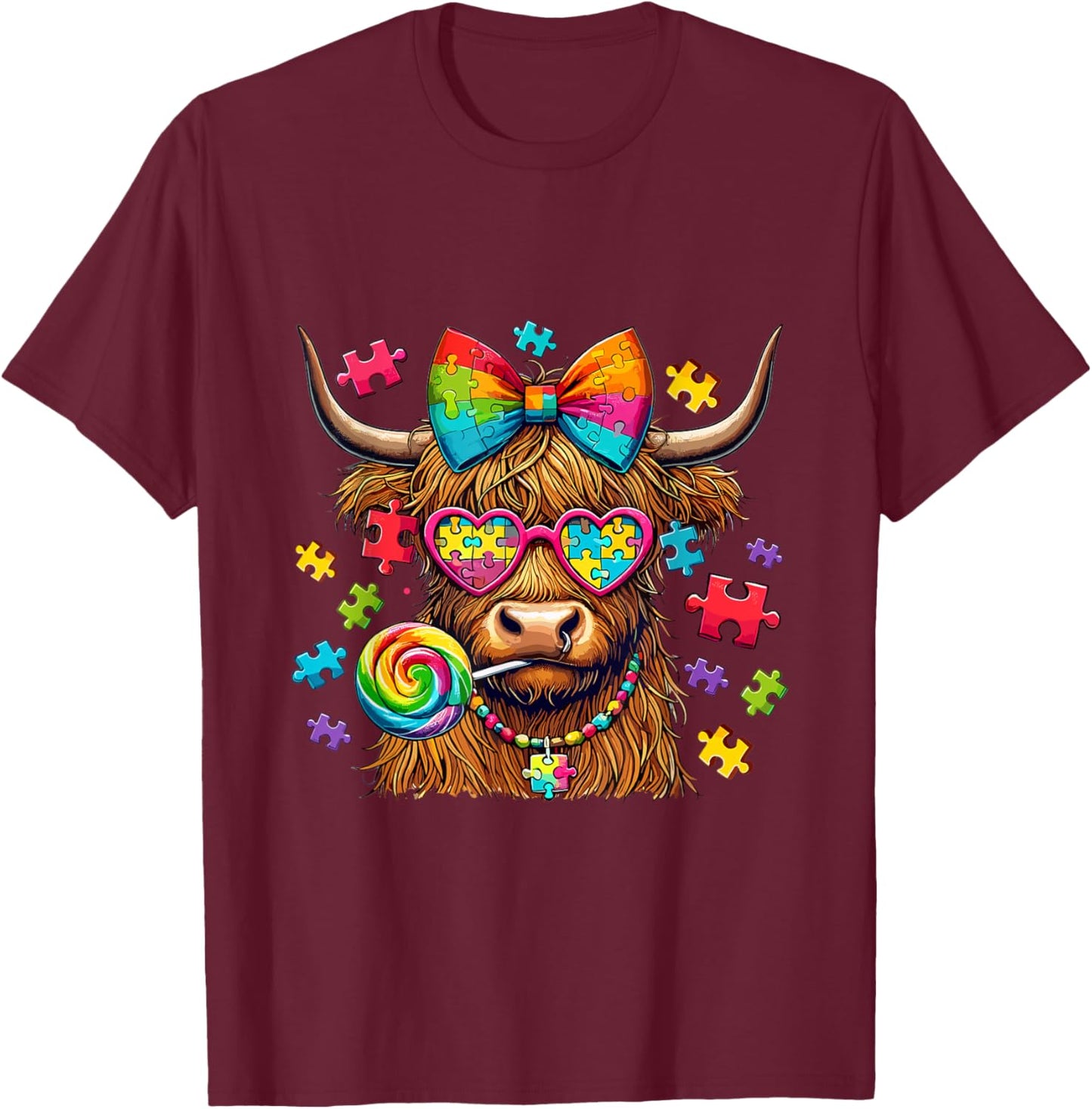 Autism Highland Cow Autism Awareness T-Shirt - T-Shirt | Maroon