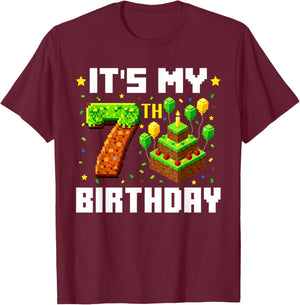 It's My 7th Birthday Boy 7th Birthday Game Pixel Kids T-Shirt - T-Shirt | Maroon