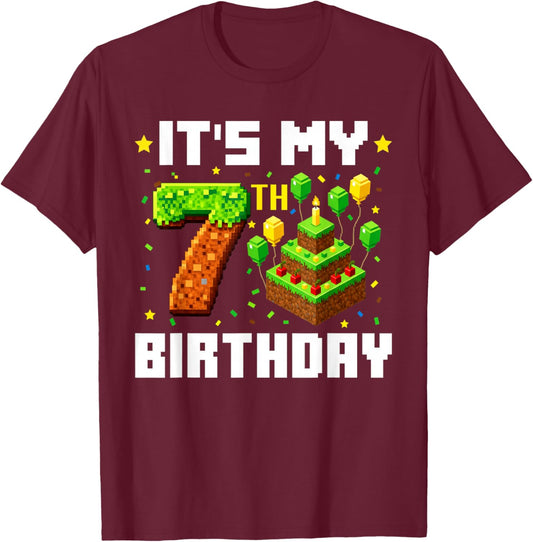It's My 7th Birthday Boy 7th Birthday Game Pixel Kids T-Shirt - T-Shirt | Maroon
