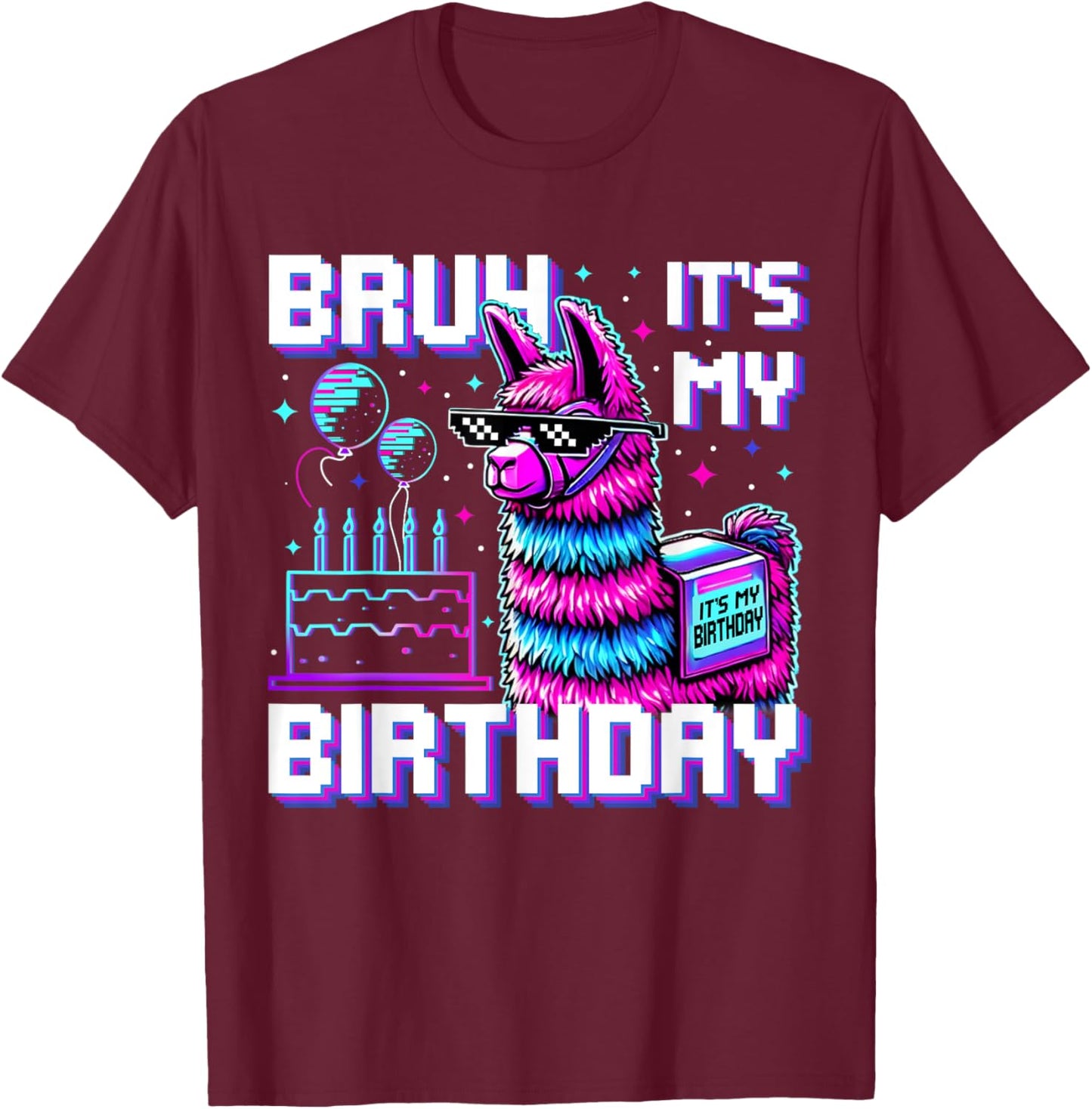 Bruh Its My Birthday Boys Girls Matching Funny Alpaca Theme T-Shirt - T-Shirt | Maroon