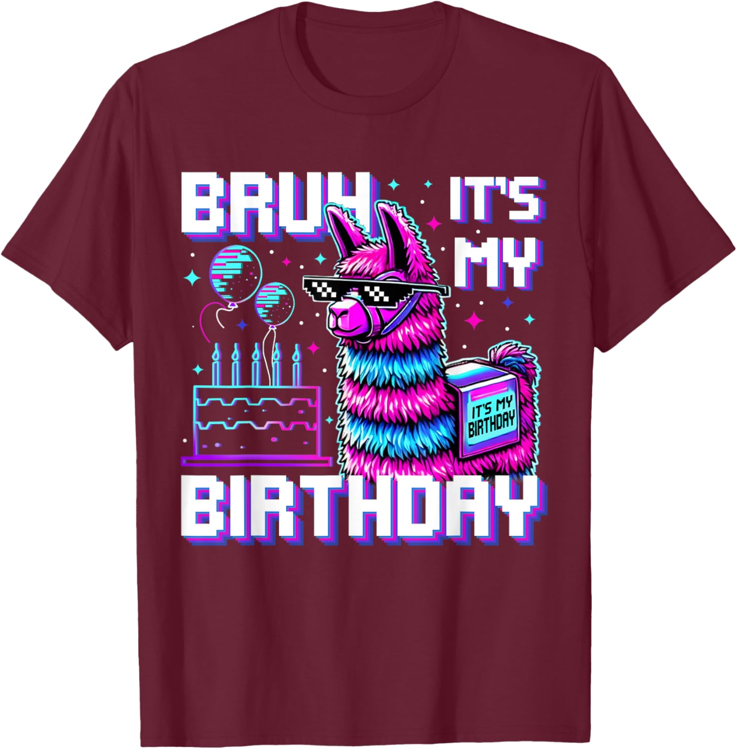 Bruh Its My Birthday Boys Girls Matching Funny Alpaca Theme T-Shirt - T-Shirt | Maroon