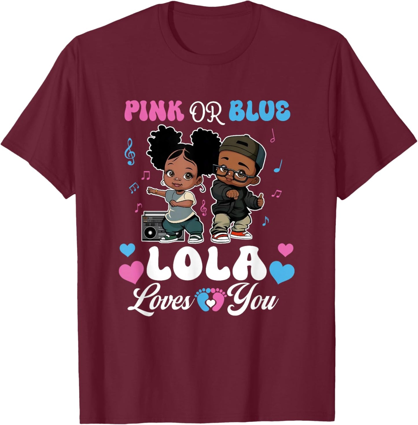 Pink Or Blue Lola Loves You Black Baby Gender Reveal T-Shirt - T-Shirt | Maroon