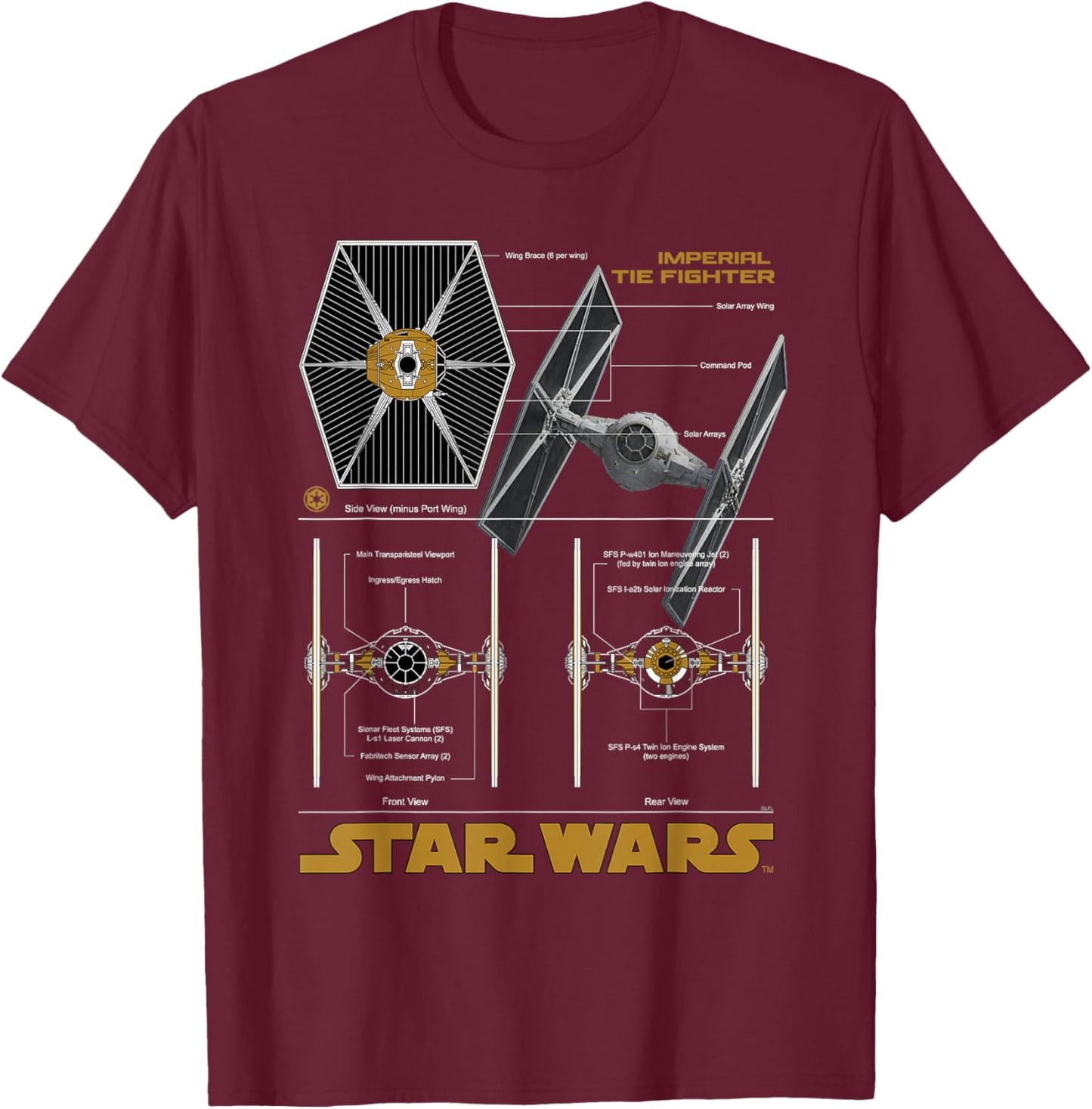 Star Wars Imperial TIE Fighter Schematic Blueprint T-Shirt - T-Shirt | Maroon