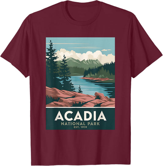 Acadia National Park Vintage Camping Hiking Men Women Kids T-Shirt - T-Shirt | Maroon