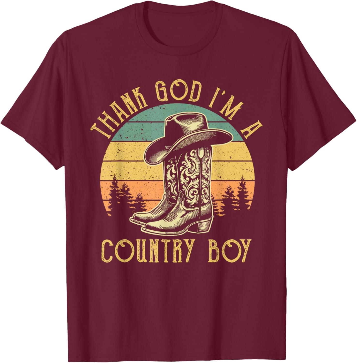 Thank God I'm A Country Music Boy Cowboy Western Retro T-Shirt - T-Shirt | Maroon