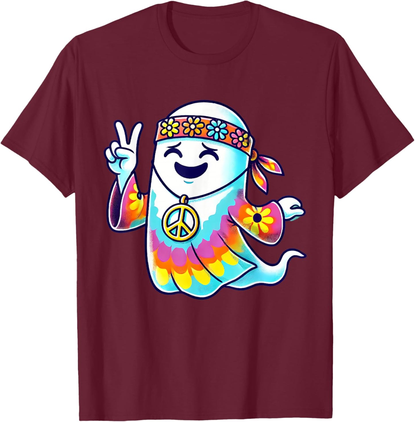 Hippie Ghost Tie Dye Flowers Halloween Men Women Kids T-Shirt - T-Shirt | Maroon