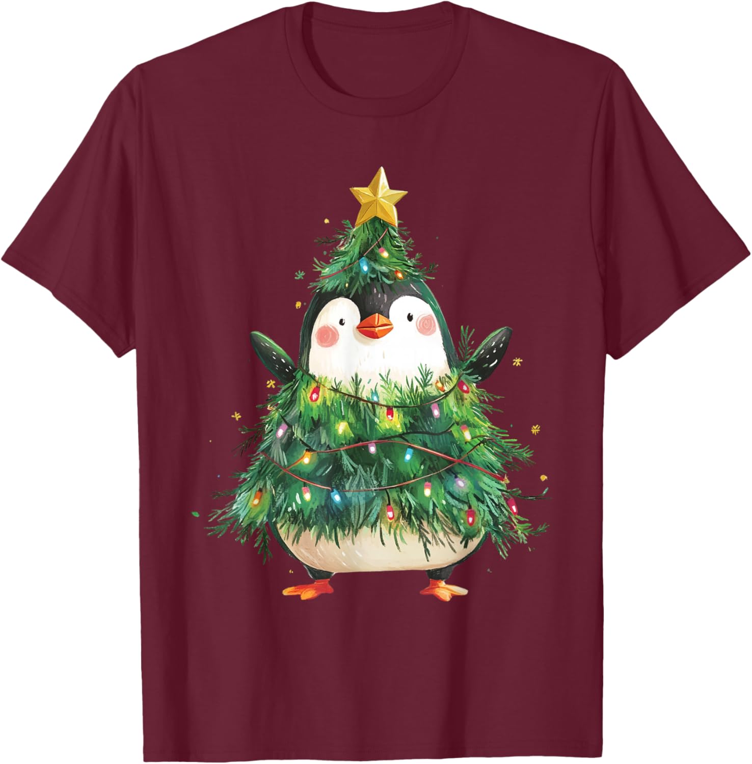 Penguin Christmas Tree Pajamas Girls Boys Xmas Lights T-Shirt - T-Shirt | Maroon