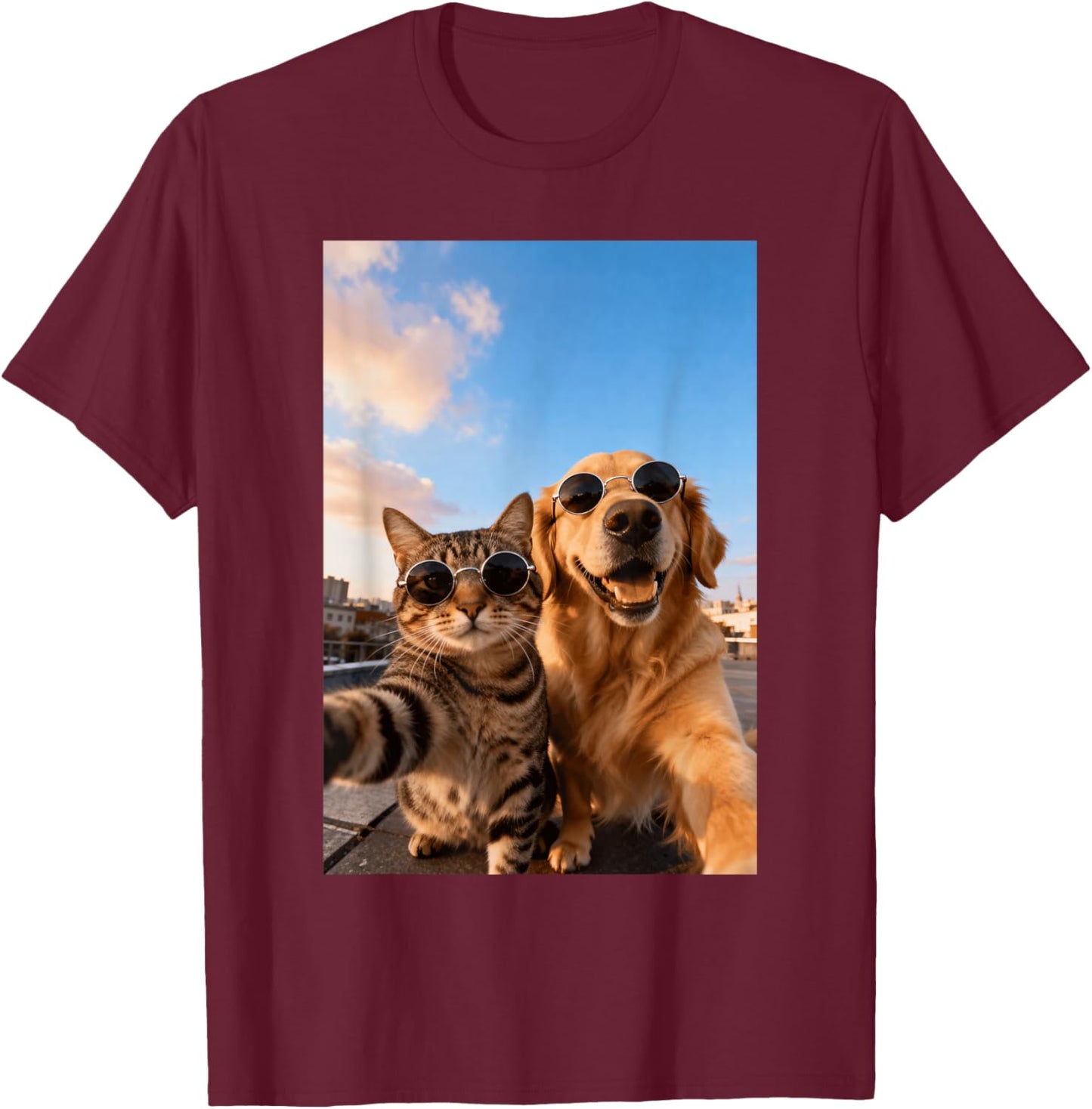 Cat and Dog Selfie Meme T-Shirt - T-Shirt | Maroon
