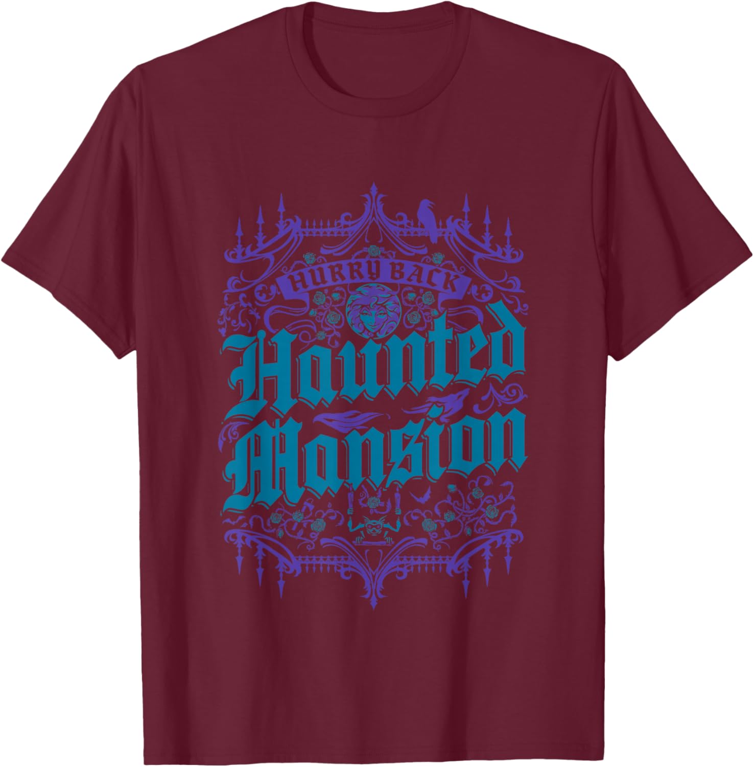 The Haunted Mansion Hurry Back Gothic Pattern Chest Poster T-Shirt - T-Shirt | Maroon