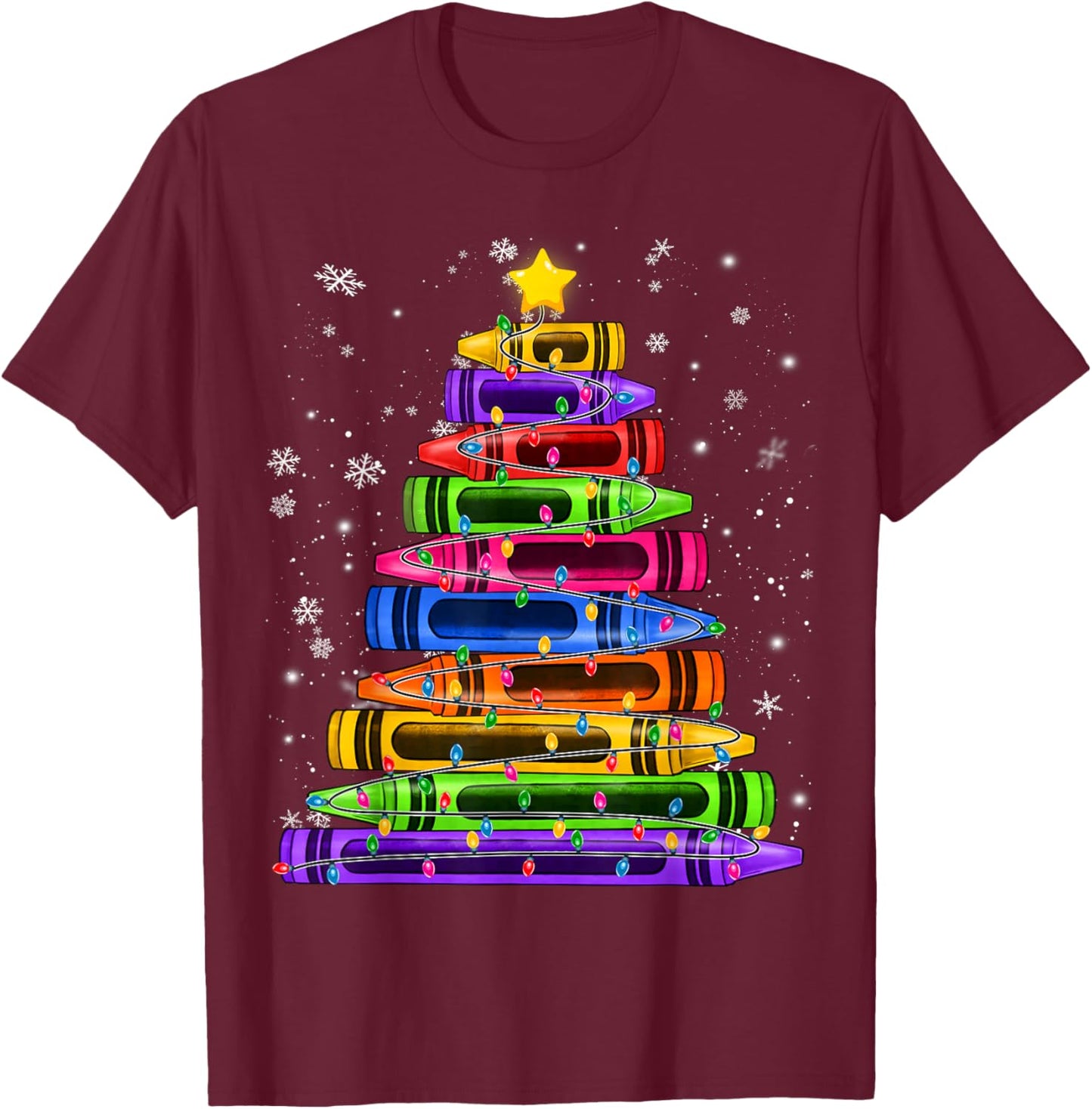 Crayon Christmas Tree Lights School Teacher Student Xmas T-Shirt - T-Shirt | Maroon
