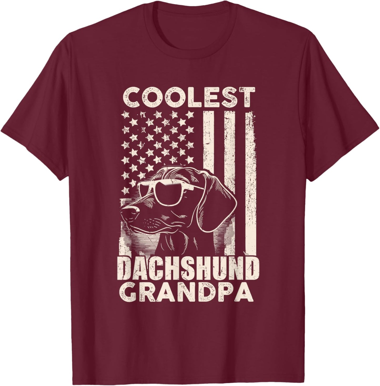 Coolest Dachshund Grandpa Vintage American Flag Funny Dog T-Shirt - T-Shirt | Maroon