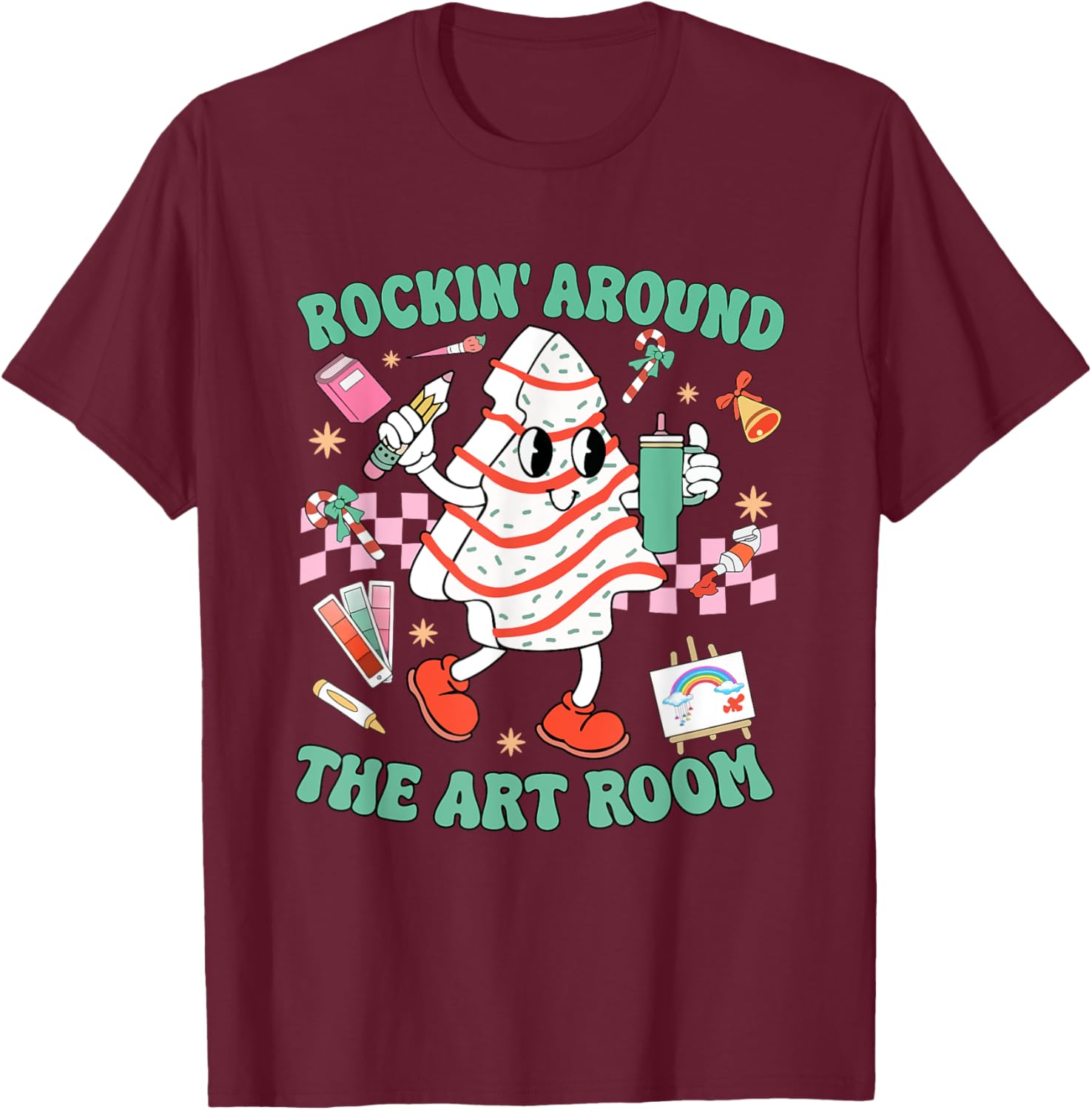 Rocking Around The Art Room Retro Christmas Art Teacher T-Shirt - T-Shirt | Maroon