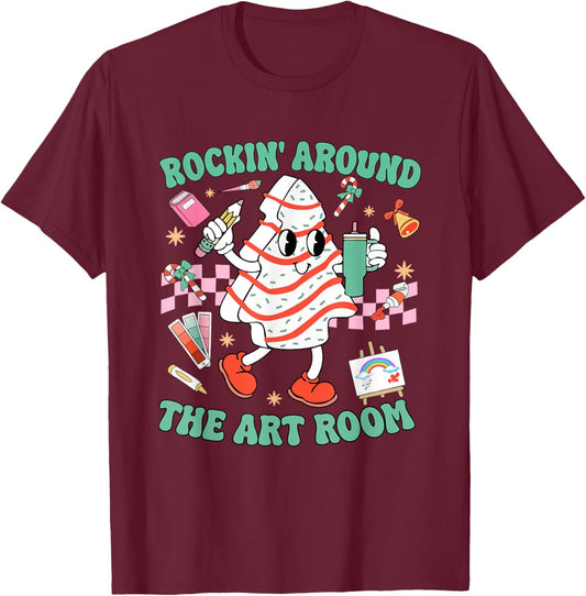 Rocking Around The Art Room Retro Christmas Art Teacher T-Shirt - T-Shirt | Maroon