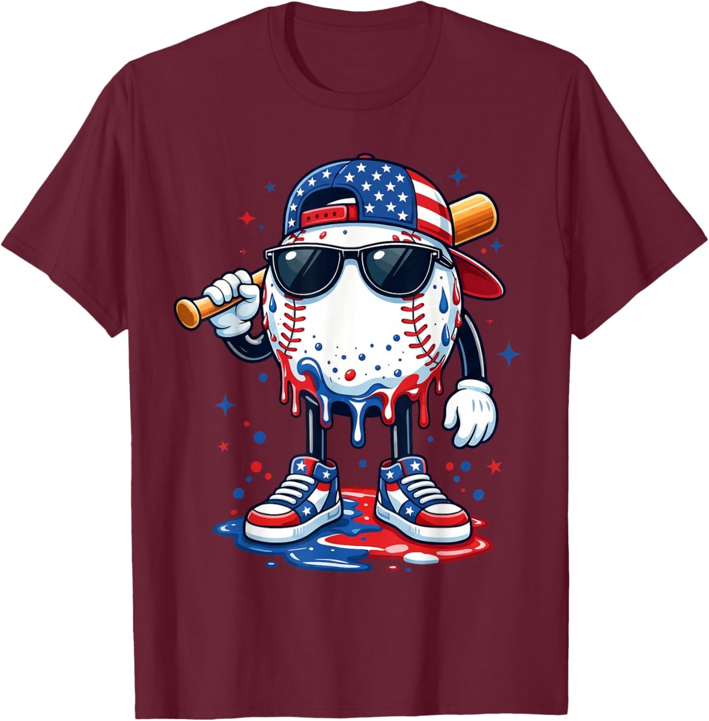 Baseball Drip Ice Cream 4th of July American USA Flag Boys T-Shirt - T-Shirt | Maroon