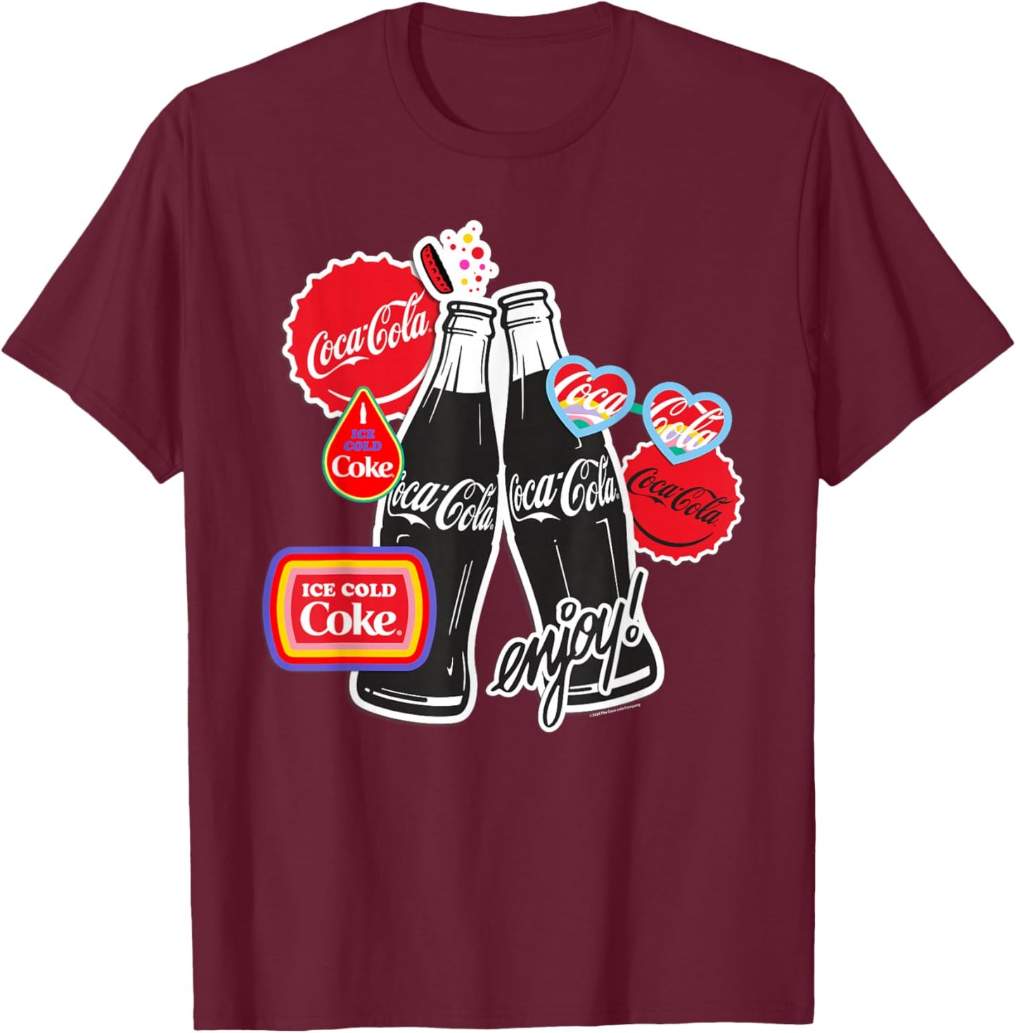 Coca Cola Enjoy Ice Cold Bottles Sticker Style T-Shirt - T-Shirt | Maroon