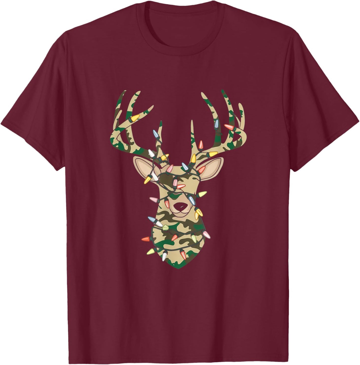 Christmas Camo Holiday Hunting Reindeer Deer Xmas Lights T-Shirt - T-Shirt | Maroon