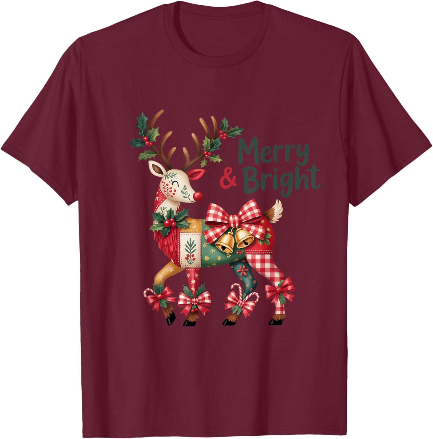 Christmas Patchwork Reindeer Merry & Bright T-Shirt - T-Shirt | Maroon