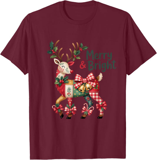 Christmas Patchwork Reindeer Merry & Bright T-Shirt - T-Shirt | Maroon