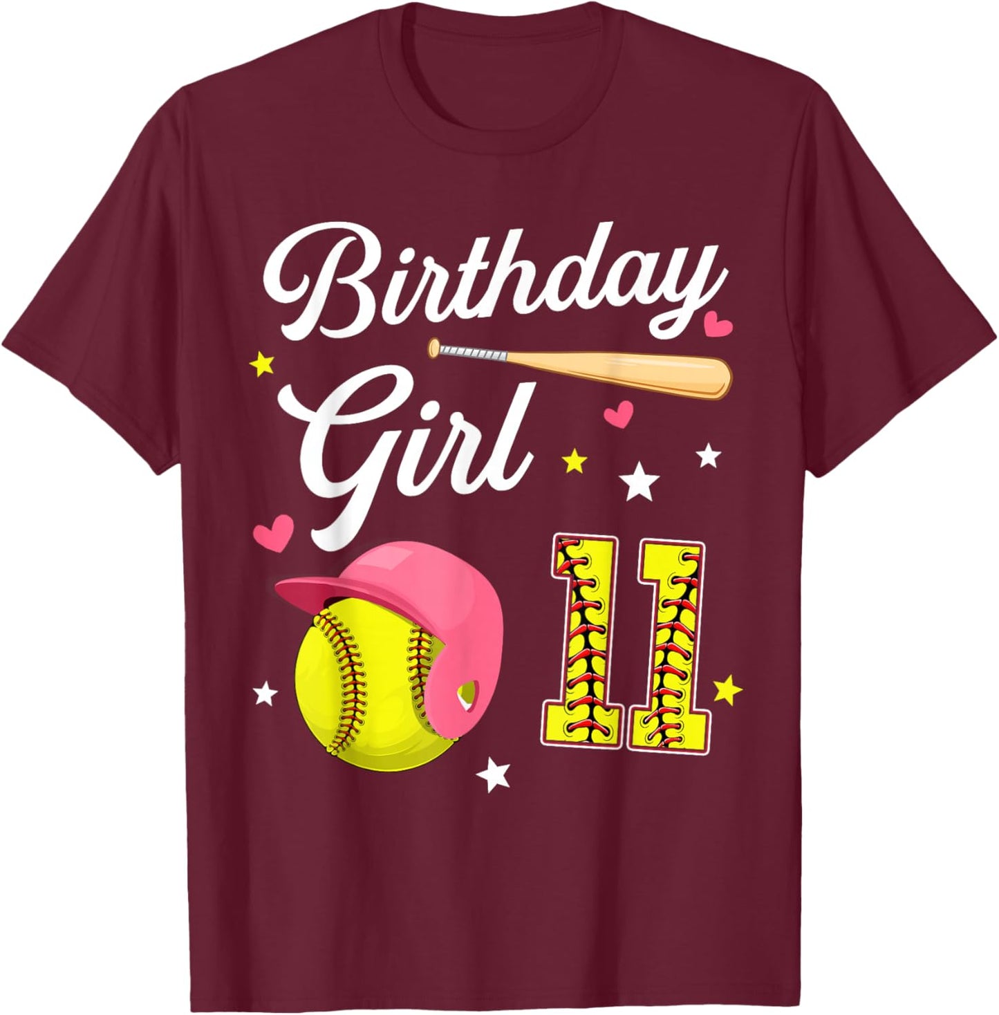 11th Birthday Girl Softball Eleventh Bday 11 Eleven Year Old T-Shirt - T-Shirt | Maroon