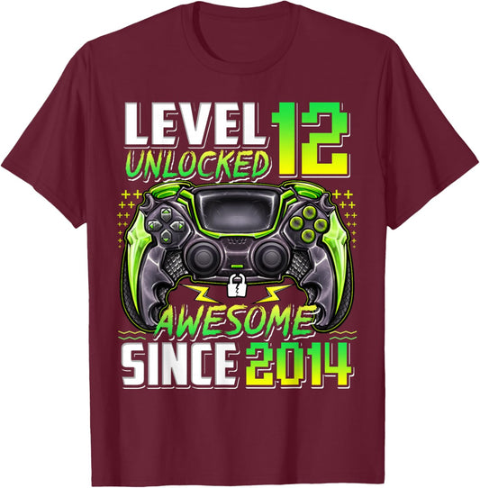 Level 12 Unlocked Awesome Since 2014 12th Birthday Gaming T-Shirt - T-Shirt | Maroon