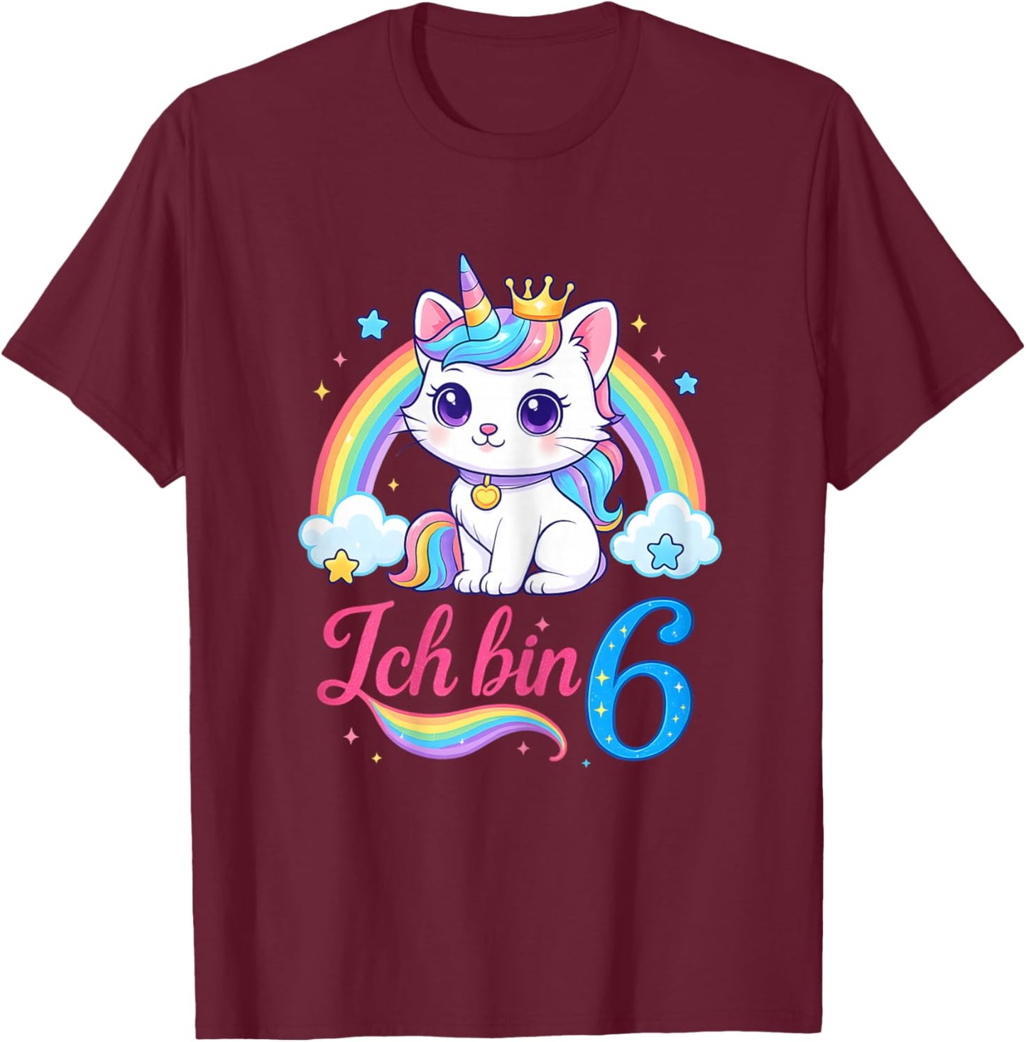 Birthday Shirt 6 Years Girls – Rainbow Unicorn Cat T-Shirt - T-Shirt | Maroon