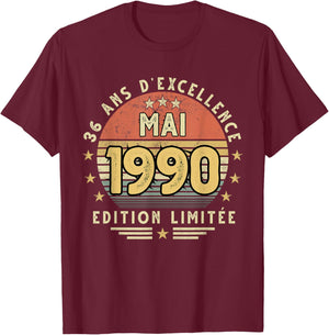 Mai 1990 Cadeau Anniversaire Mai 1990 36 Ans Homme Femme T-Shirt - T-Shirt | Maroon