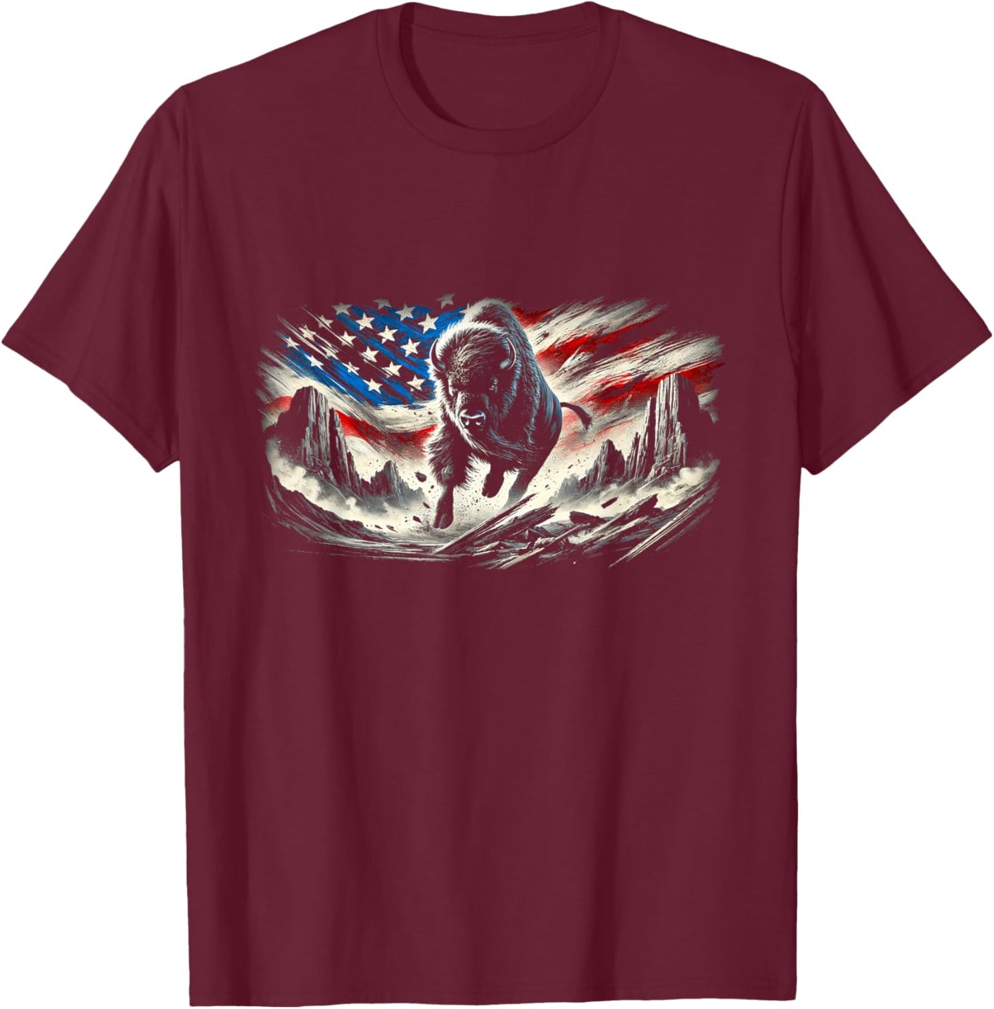 Western Buffalo American Bison USA Buffalo American flag T-Shirt - T-Shirt | Maroon