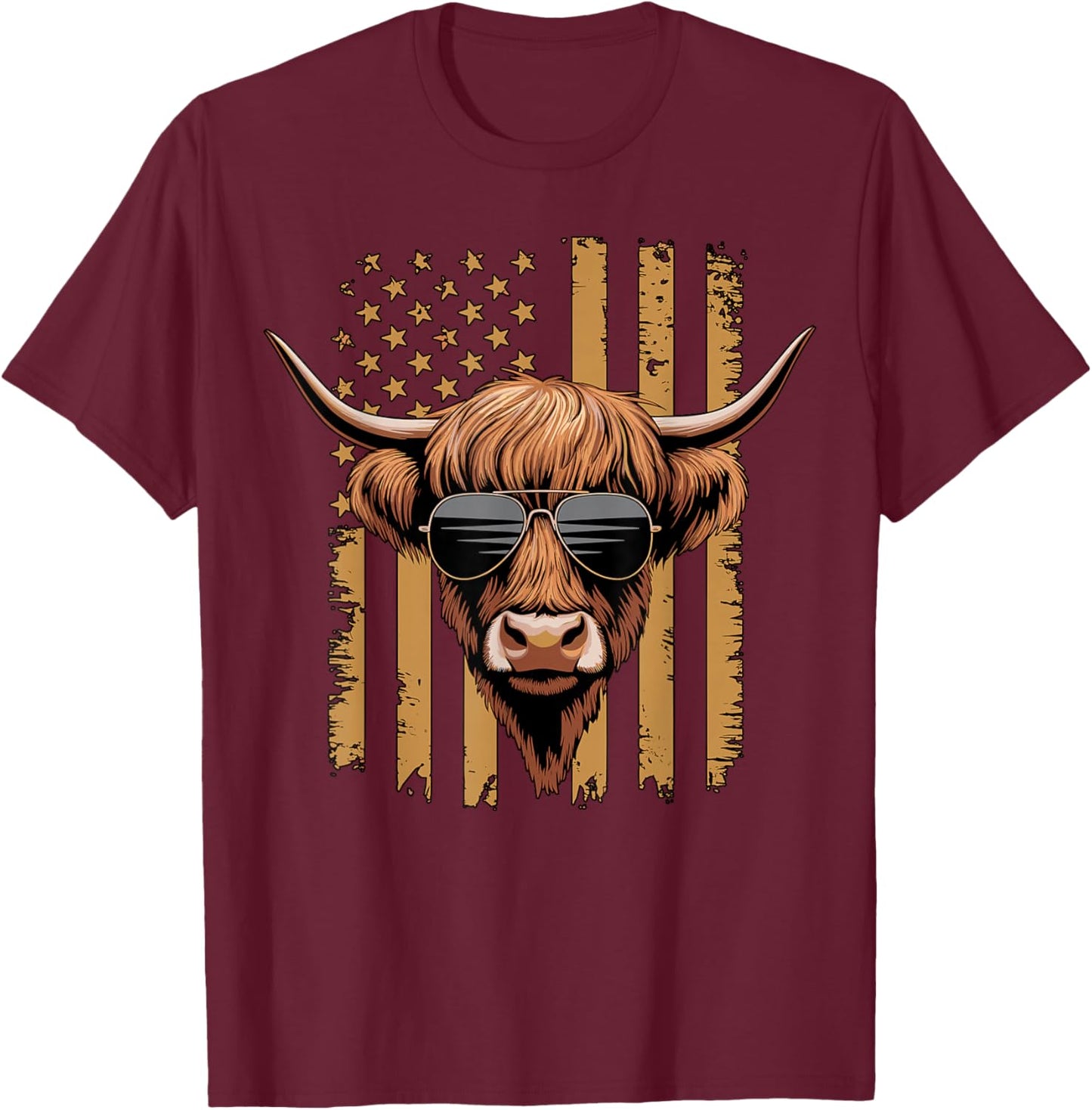 Highland Cow with Sunglasses and American Flag Vintage T-Shirt - T-Shirt | Maroon