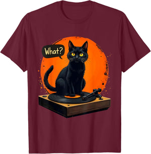 Vinyl Record Black Cat Sitting on Platinum Man Woman , Black, S T-Shirt - T-Shirt | Maroon