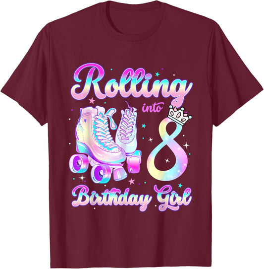 Kids Rolling Into 8 Roller Skating 8th Birthday Girl Party T-Shirt - T-Shirt | Maroon