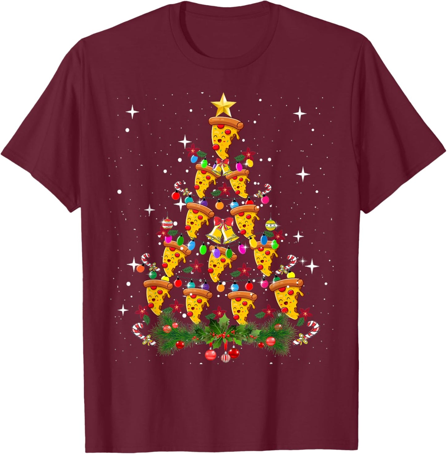 Pizza Christmas Tree Light Pizza Fast Food Lover Xmas Gifts T-Shirt - T-Shirt | Maroon