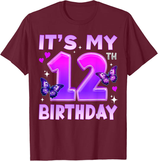 12th Birthday Cute Butterfly Bday 12 Year Old Birthday Girl T-Shirt - T-Shirt | Maroon