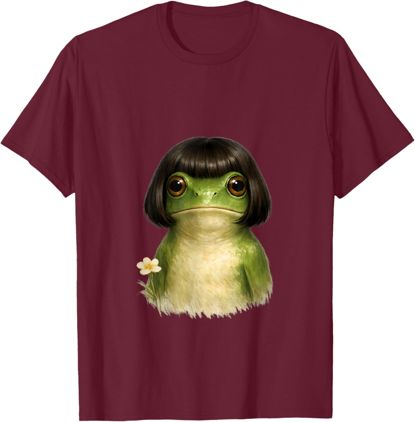 Surreal Frog Portrait in Bob Wig T-Shirt - T-Shirt | Maroon