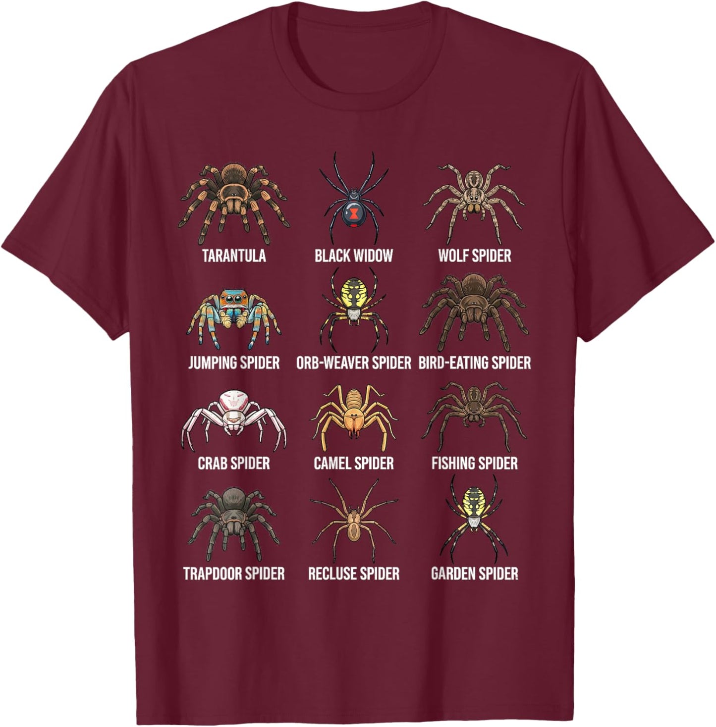 Types of Spiders Educational Species Chart Boys Girls Kids T-Shirt - T-Shirt | Maroon