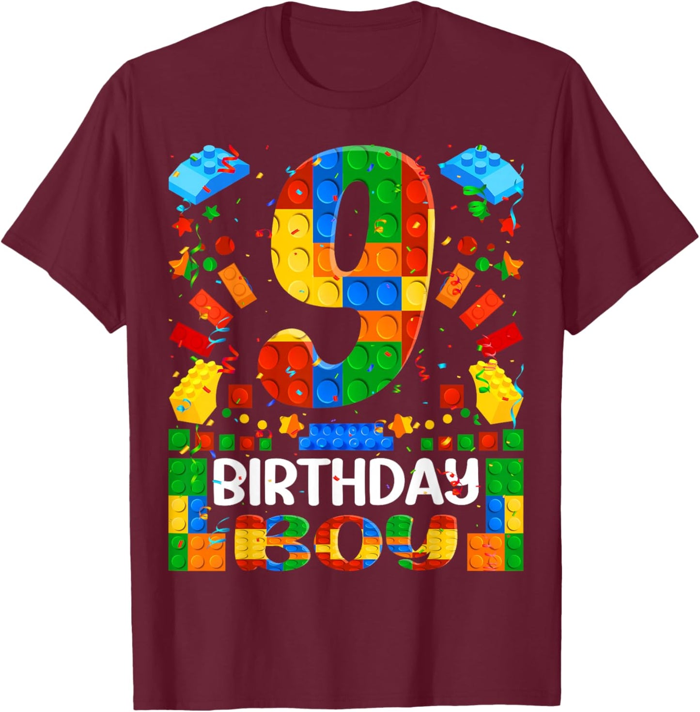 9 Year Old Building Blocks 9th Birthday Boy Brick Builder T-Shirt - T-Shirt | Maroon