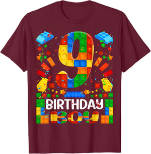 9 Year Old Building Blocks 9th Birthday Boy Brick Builder T-Shirt - T-Shirt | Maroon