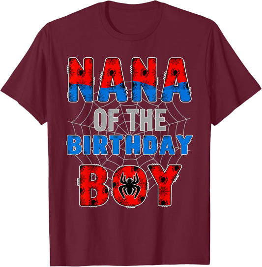 Nana of the Birthday Boy Family Spider Web Birthday Party T-Shirt - T-Shirt | Maroon